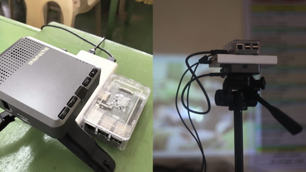 Classroom-in-a-box consists of a miniaturized computer, Raspberry Pi, which is connected to a palm-sized projector, both powered by a power bank. Teaching materials can be preloaded or live-transferred into the Raspberry Pi via a tablet, in turn, projecting the teaching materials onto a wall or surface for a classroom.