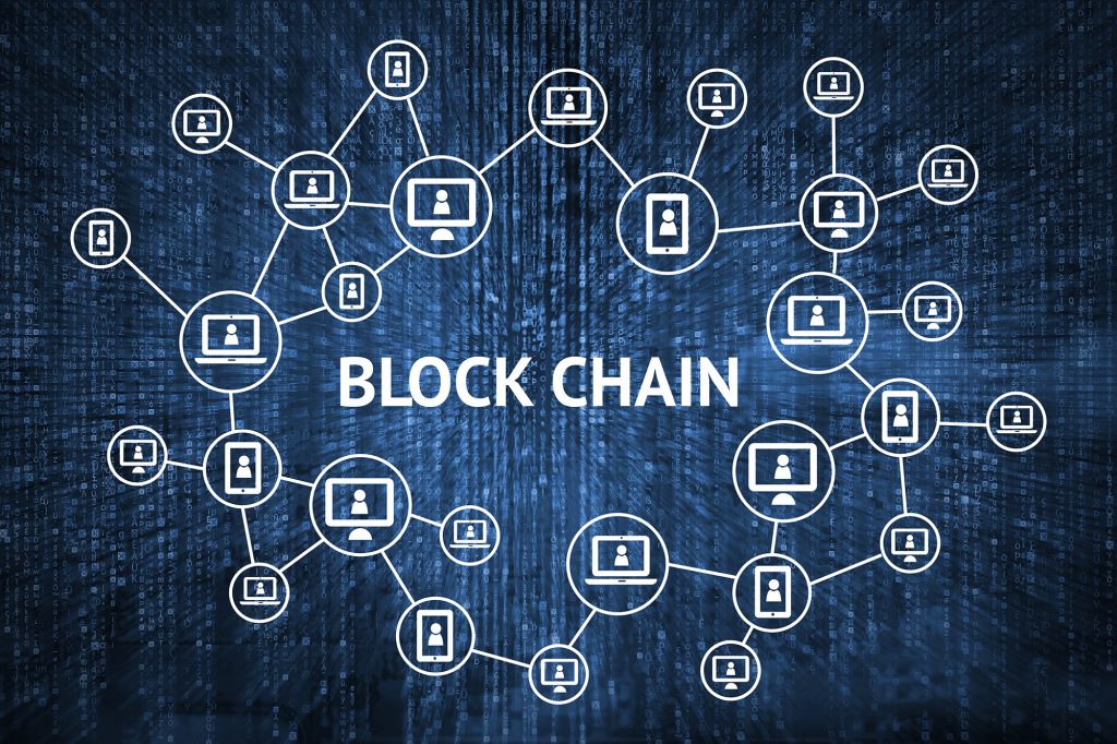 many network and chains around computers to show a blockchain