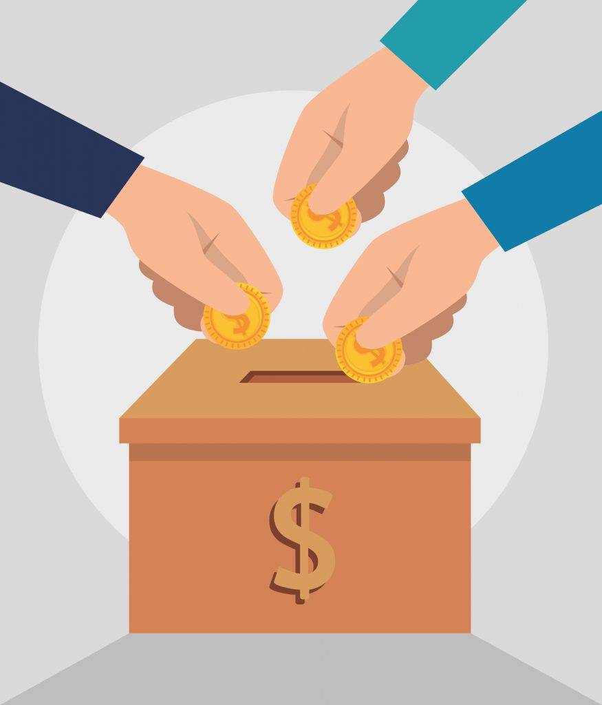 urn with money charity donation vector illustration design. hands donating money into a box